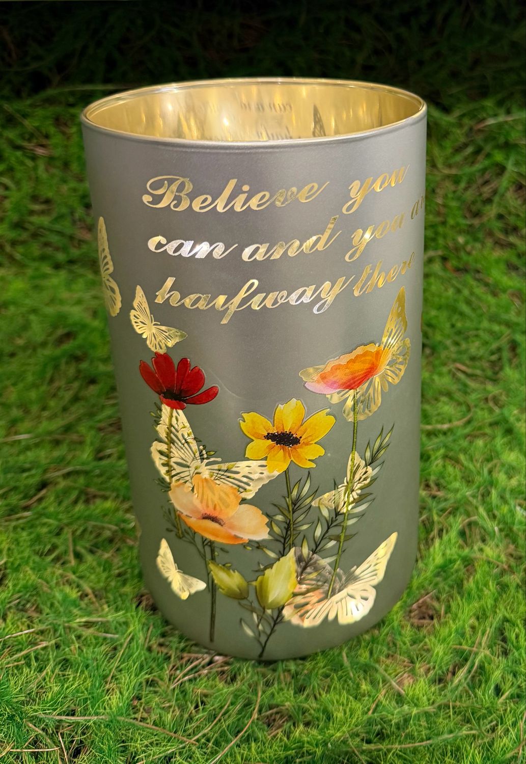 Pre-Lit Silver Cylinder with Poppy Flowers &amp; Butterflies