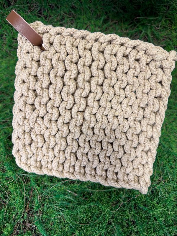 Beige Knit Pot Holder with Leather Strap