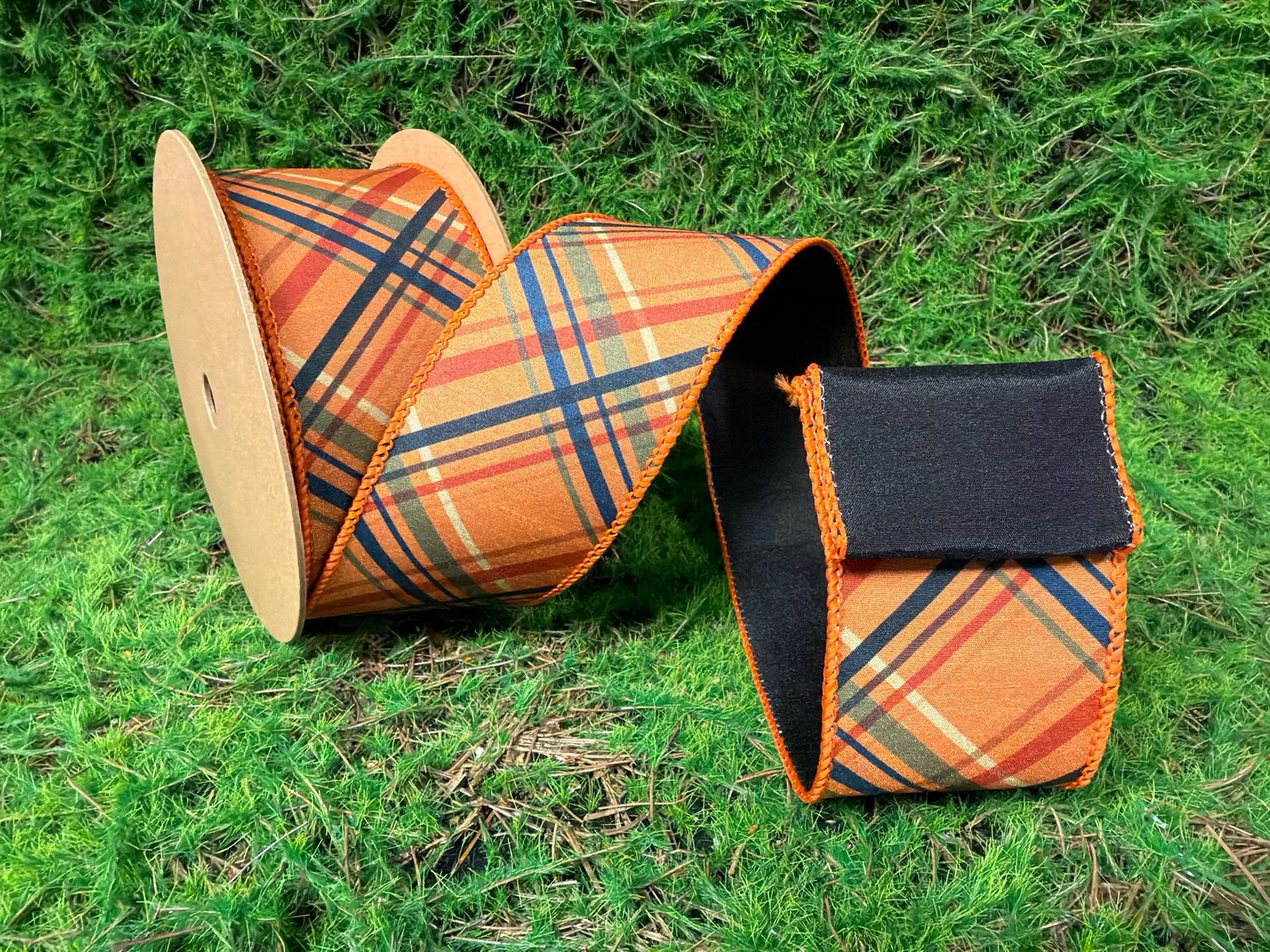 2 1/2" Wired Dupioni | Fall Color Bias Plaid with Black Backing 10yd
