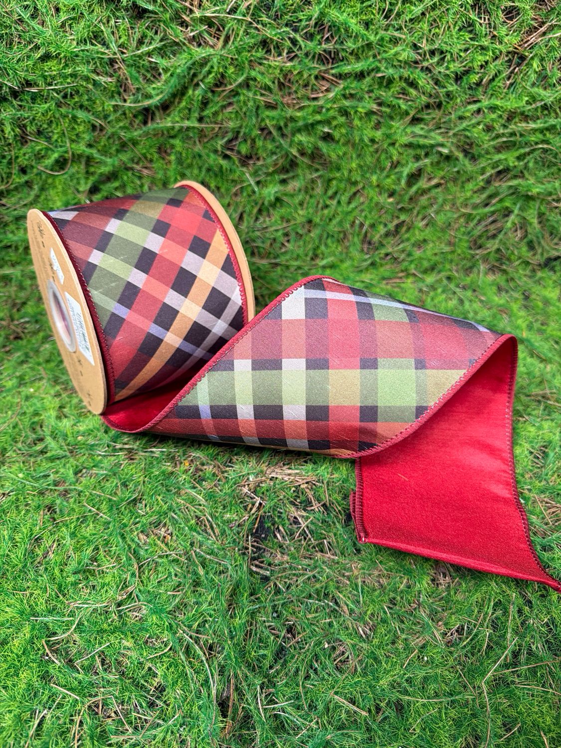 4" Wired Dupioni Ribbon | Jewel Tone Bias Plaid w/ Red Backing | 10yd