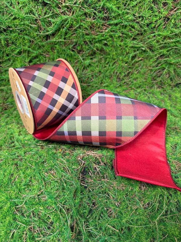 4" Wired Dupioni Ribbon | Jewel Tone Bias Plaid w/ Red Backing | 10yd