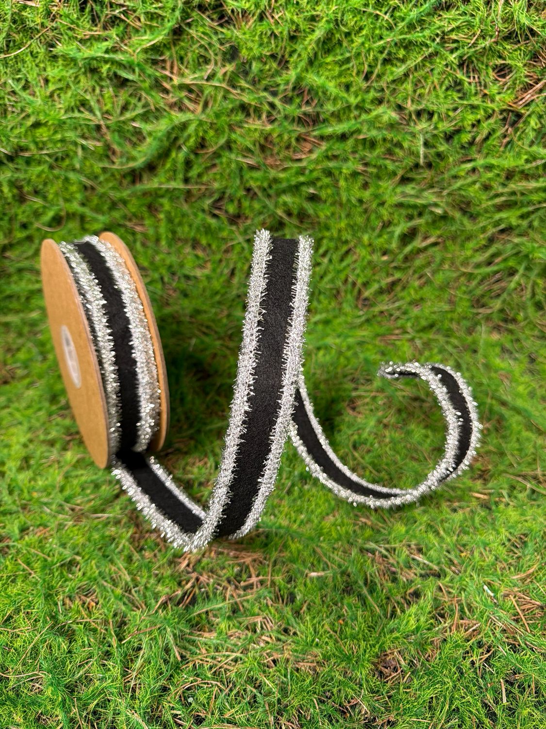 1" Felt Wired Ribbon | Black w/ Tinsel Edge | 10 Yard Roll