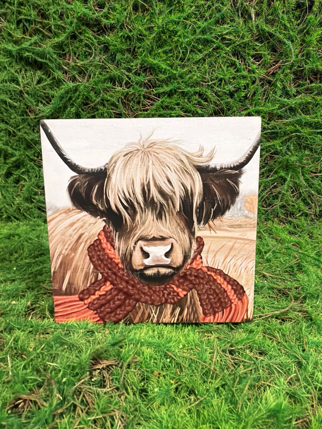 Square Wood Harvest Highland Cow Block 5.9"