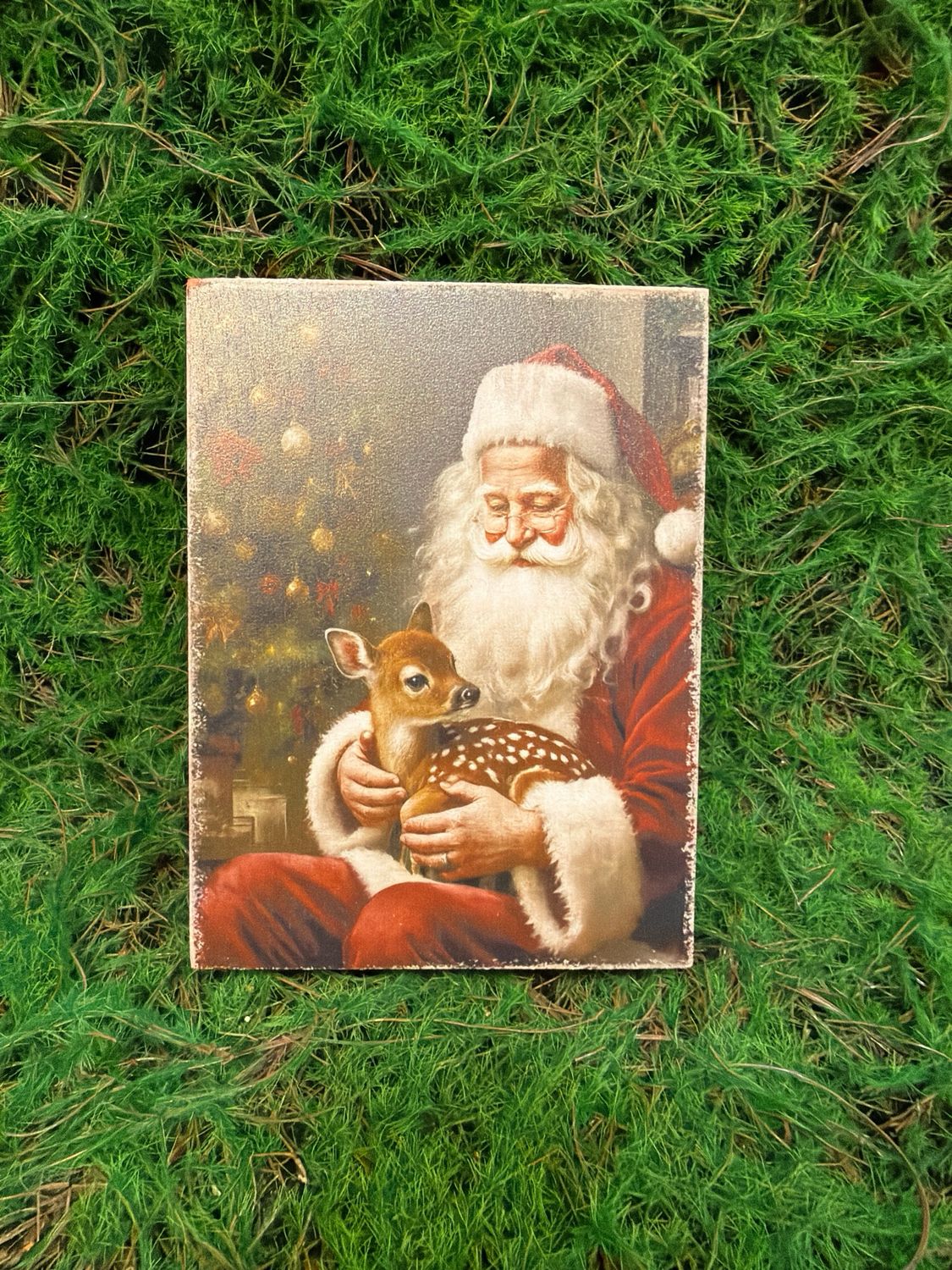 Santa with Fawn Wood Holiday Block 6x8"H