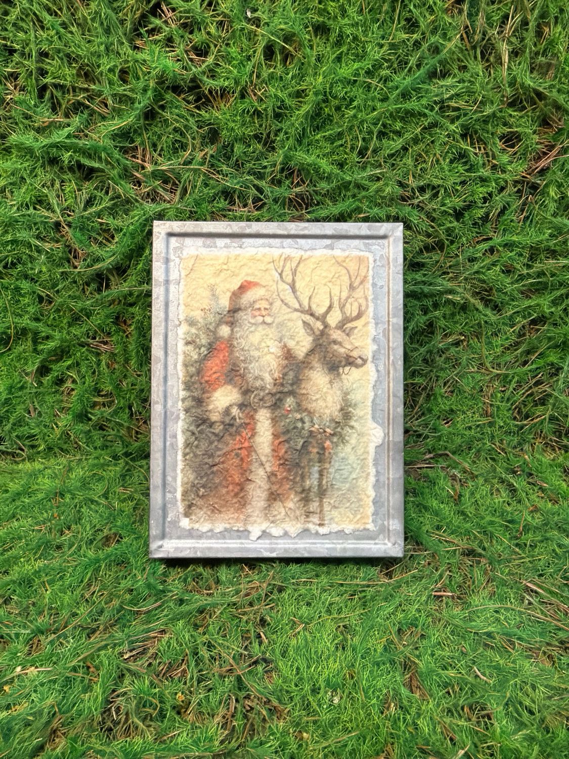 Metal Holiday Santa &amp; Deer with Brown Bow Block 8"H