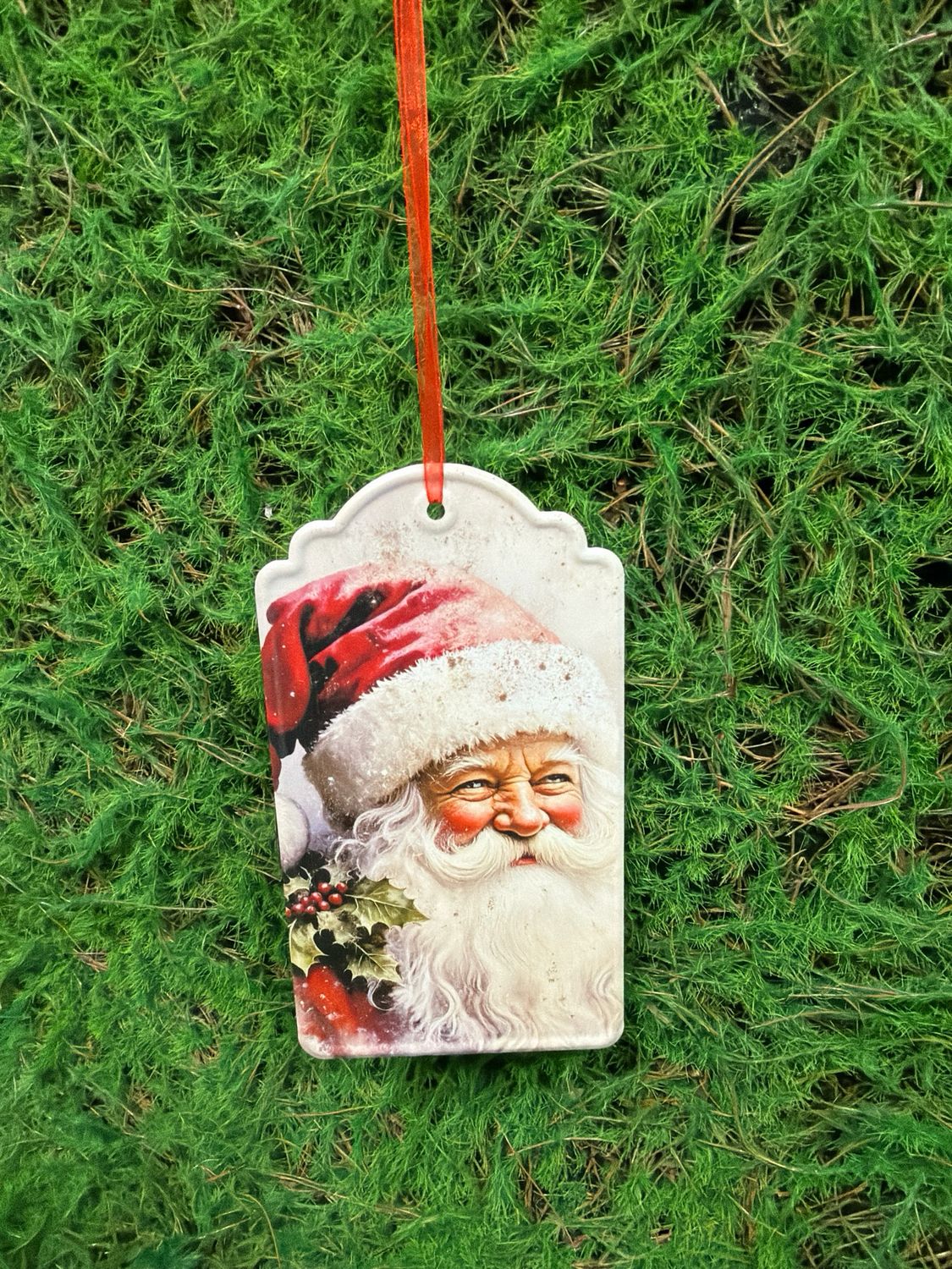 Holly Berry Santa Metal Holiday  Hanging Tag 8"H
