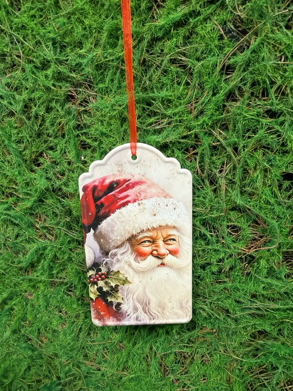 Holly Berry Santa Metal Holiday  Hanging Tag 8"H