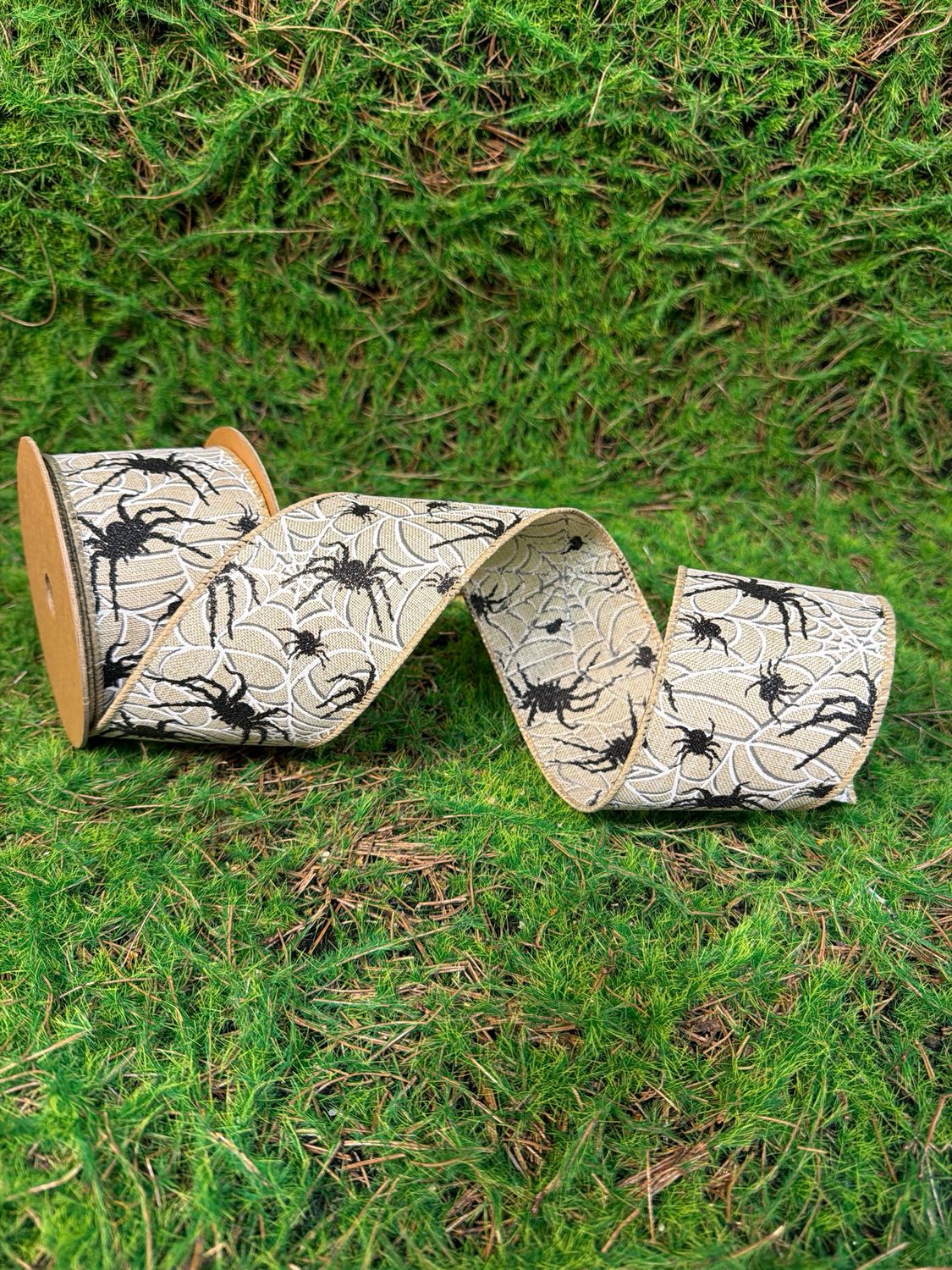 2 1/2" Wired Ribbon | Black Spider on White Web | 10 Yard Roll