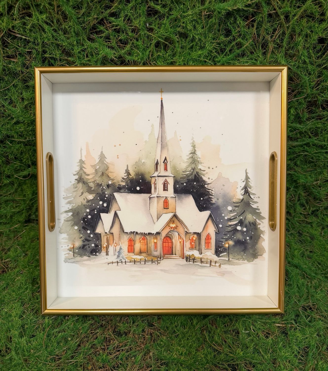 Small Square Winter Church Tray 11.75”