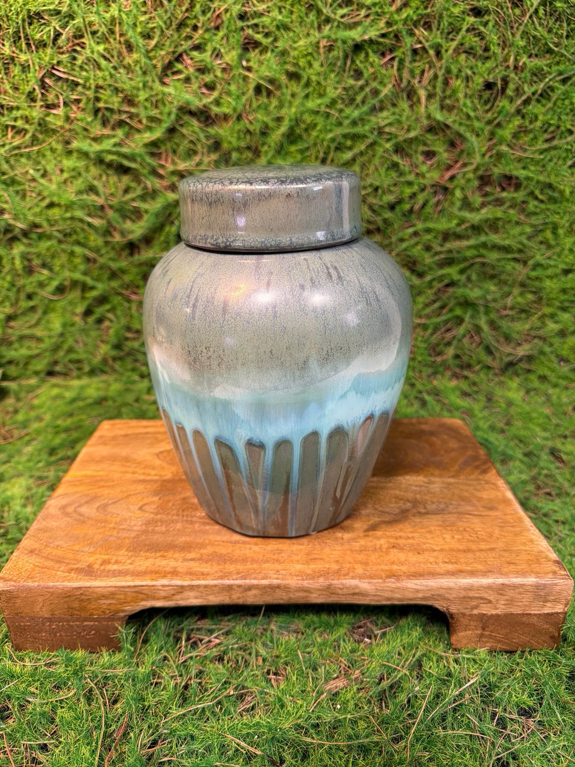 Large Blue Ceramic Jar with Lid 8"H
