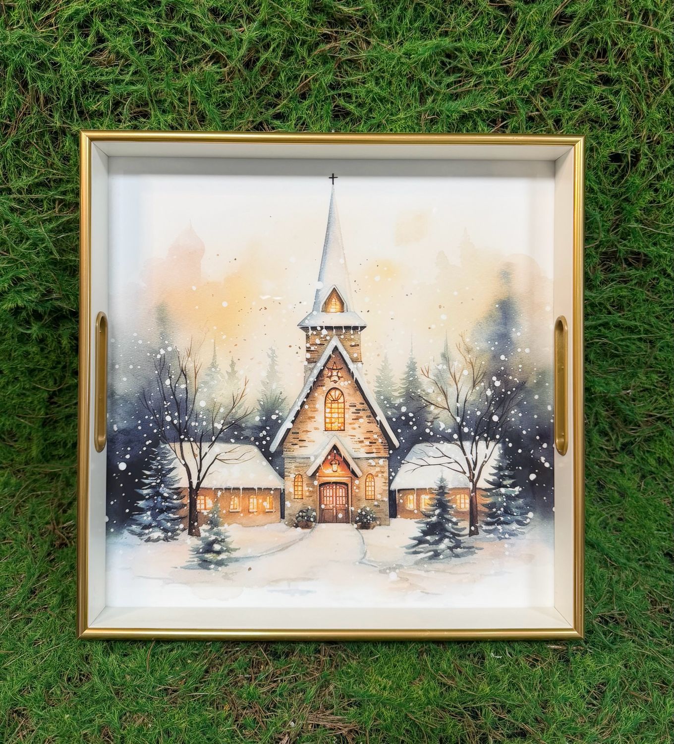 Large Square Winter Church Tray 13.75”