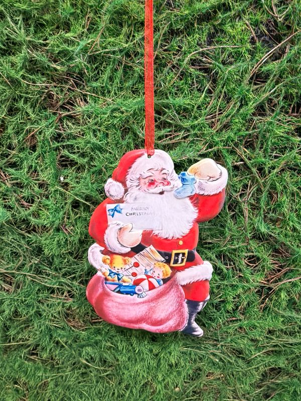 Santa with Red Bag Metal Embossed Holiday Ornament 6"H