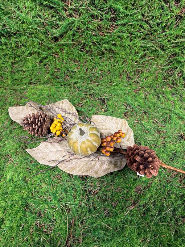 27" Sage Green Magnolia Stem w/Pumpkins &amp; Twigs