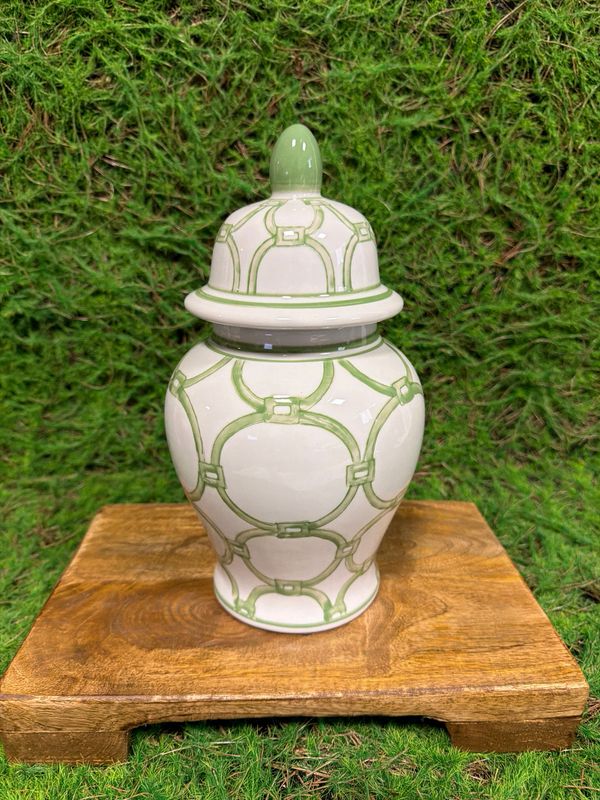 Small Green &amp; White Ceramic Ginger Jar 10.5"H