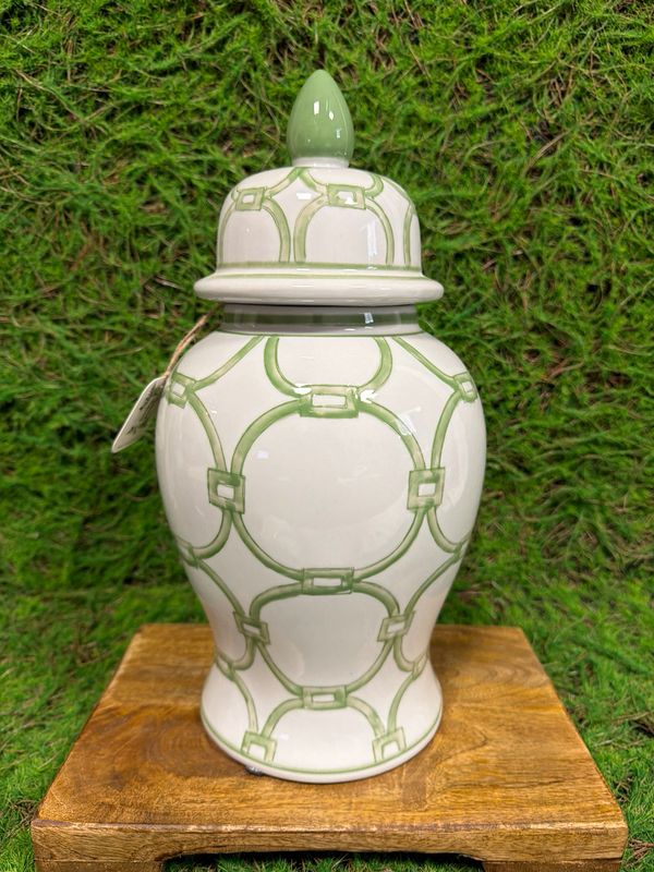 Large Green &amp; White Ceramic Ginger Jar 15”H
