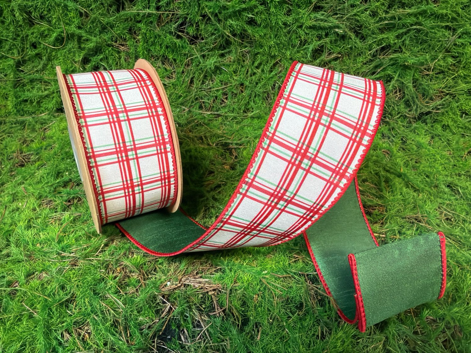 2 1/2" Wired Dupioni Ribbon | Red and Green Retro Plaid w/ Green Backing | 10yd