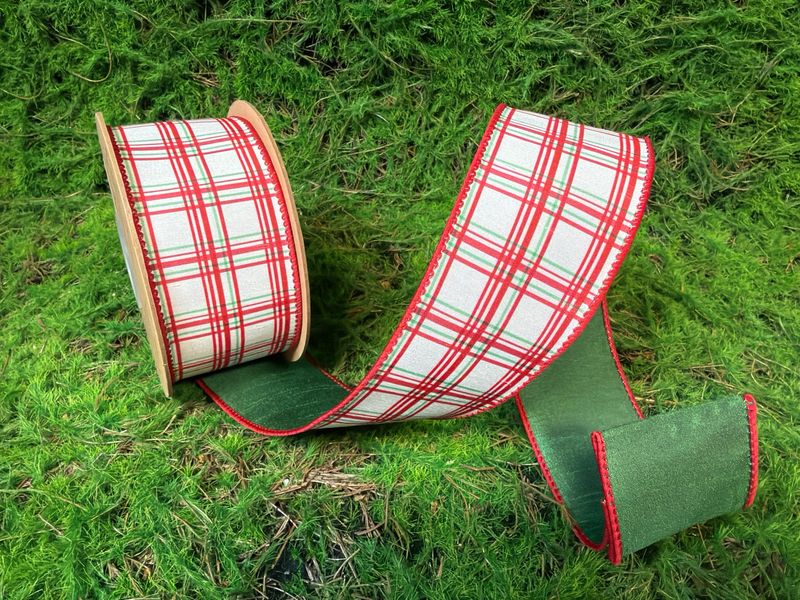 2 1/2" Wired Dupioni Ribbon | Red and Green Retro Plaid w/ Green Backing | 10yd
