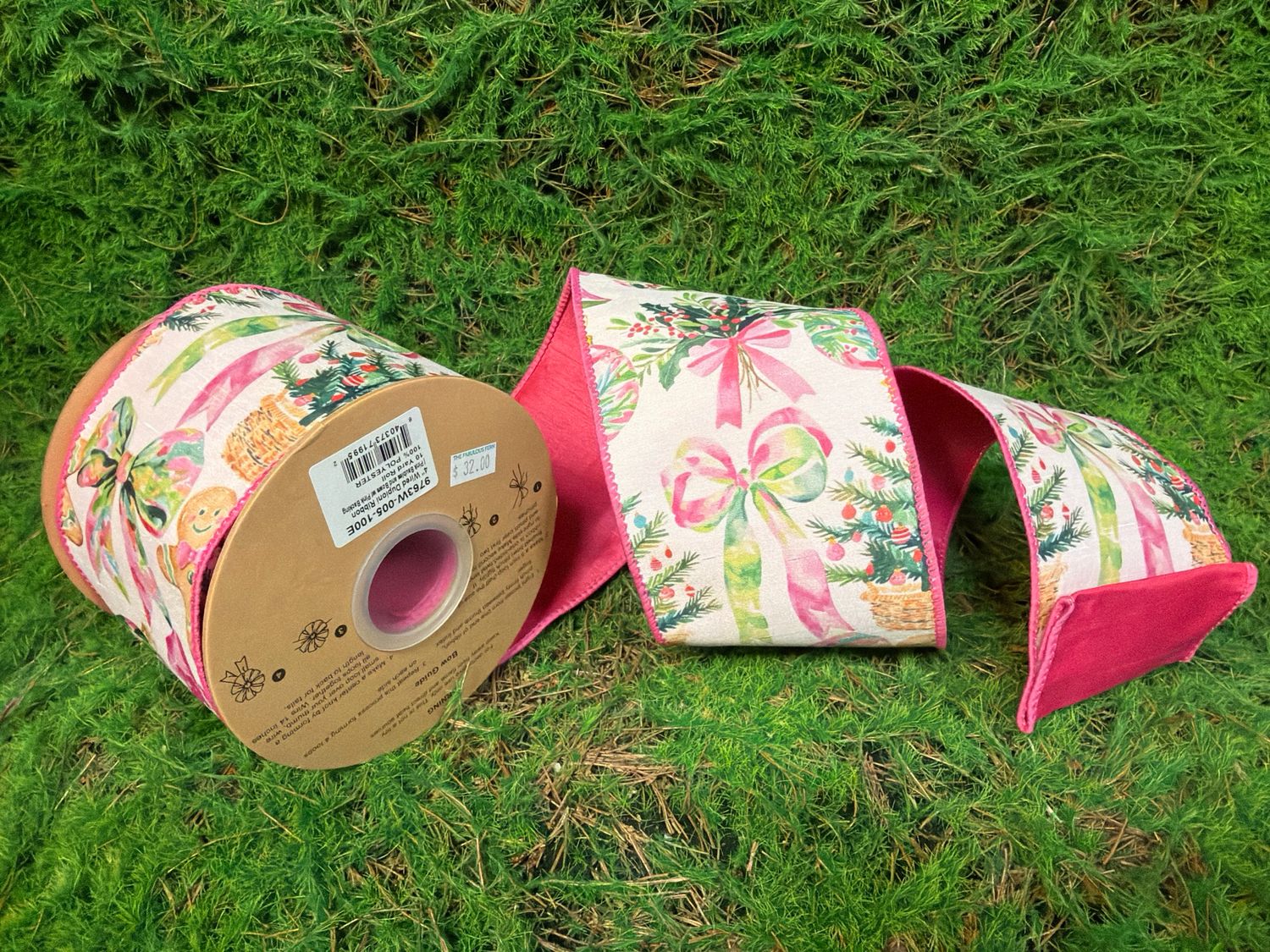 4" Wired Dupioni Ribbon | Pink Baubles and Bows w/ Pink Backing | 10yd
