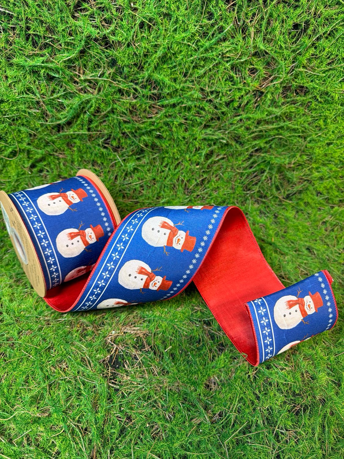 4" Wired Dupioni Ribbon | Red Scarf Snowman On Blue w/Red Backing | 10 Yard Roll