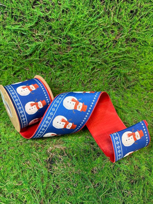 4" Wired Dupioni Ribbon | Red Scarf Snowman On Blue w/Red Backing | 10 Yard Roll