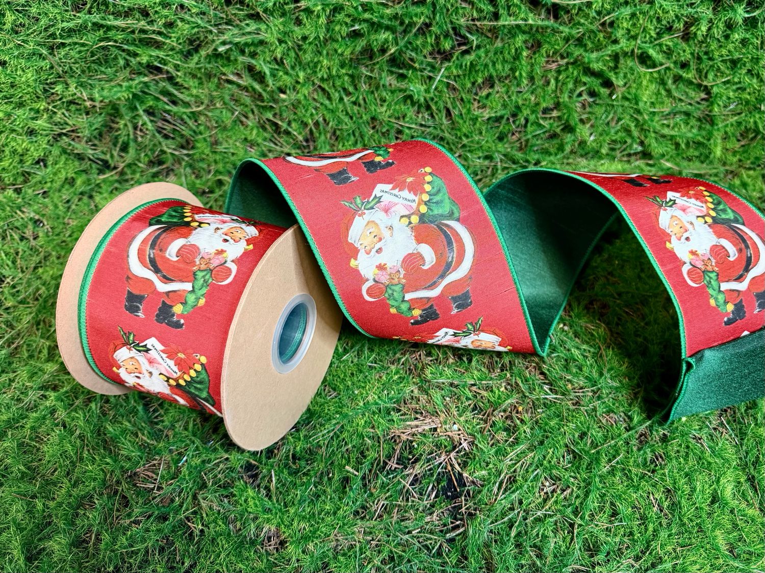 4" Wired Dupioni Ribbon | Retro Santa w/ Sack w/ Green Backing | 10yd