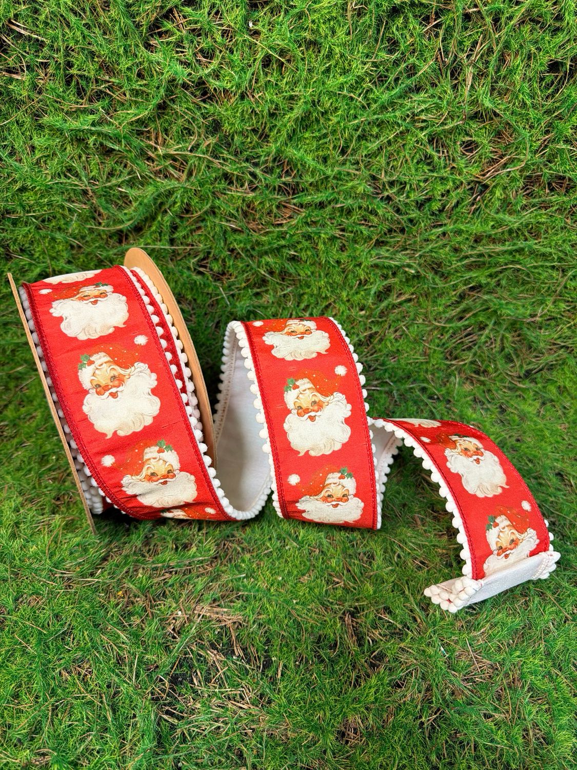 2 1/2" Wired Dupioni Ribbon | Retro Santa Face w/ Pom Pom Edge w/ White Backing | 10yd