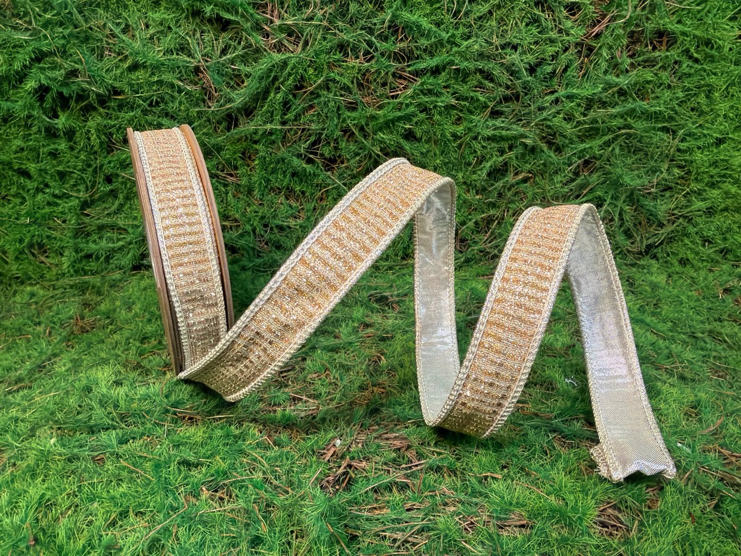 1" Wired Ribbon | Gold Sparkle w/ Champagne Metallic Backing | 10yd