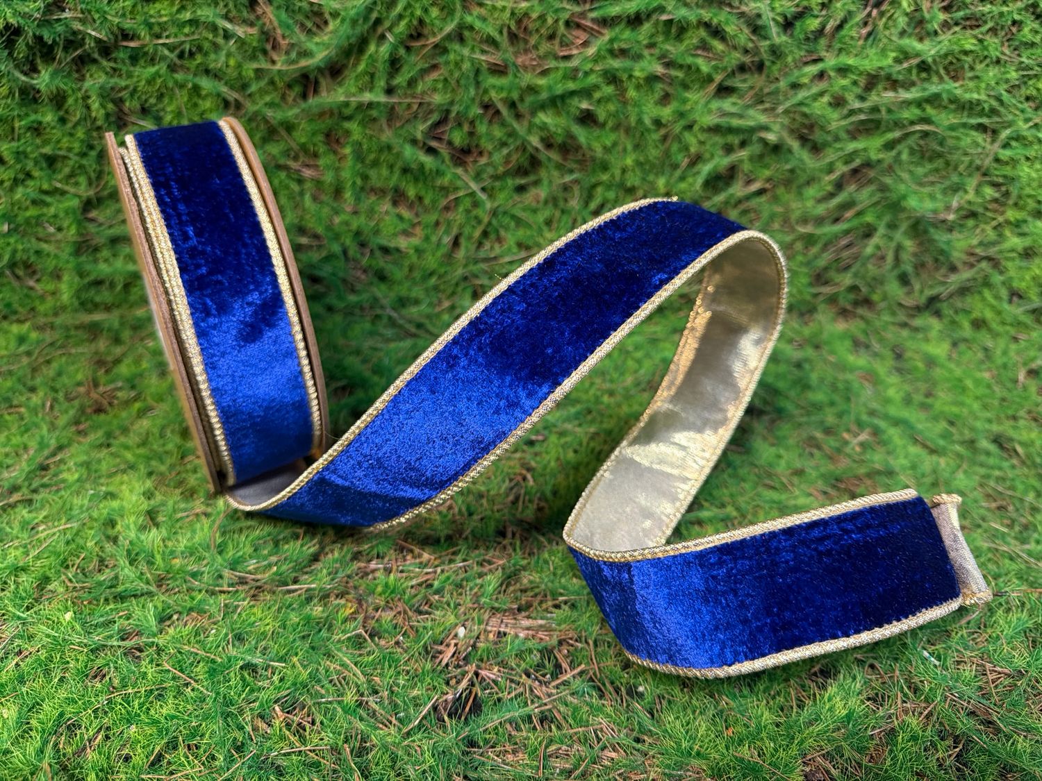 1 1/2" Wired Premium Velvet Ribbon | Royal Blue w/ Gold Dupioni-fused Backing | 10yd