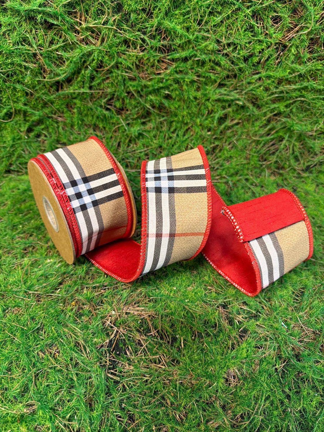 2 1/2" Wired Dupioni Ribbon | Beige Fashion Plaid w/ Red Fused Backing | 10yd