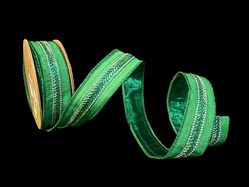 1 1/2" Wired Dupioni Ribbon | Green w/ Beaded Trim and Green Metallic Backing | 10yd