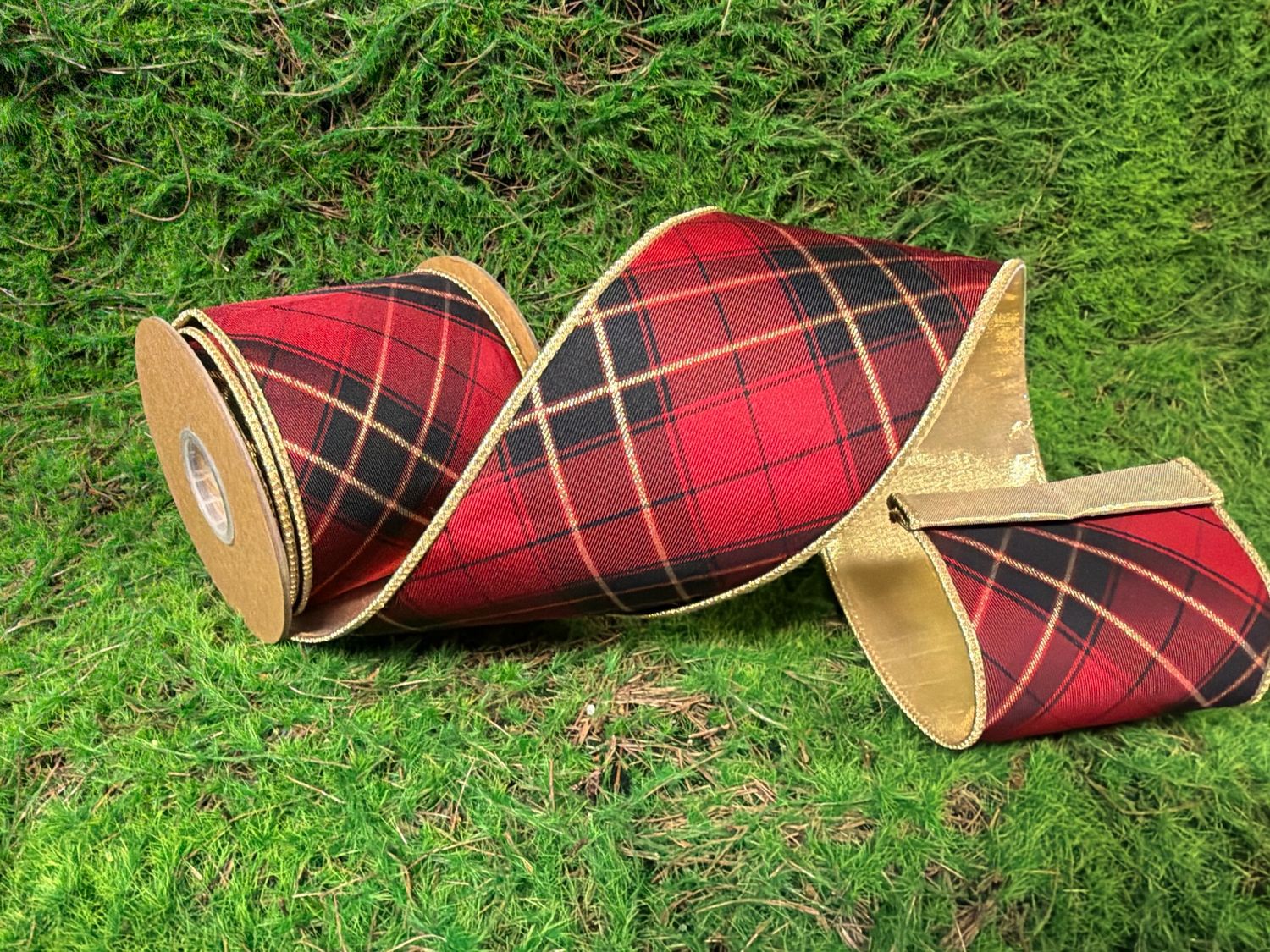 4" Wired Ribbon | Black/Gold/Red Bias-Plaid w/ Gold Dupioni-fused Backing | 10 Yard Roll