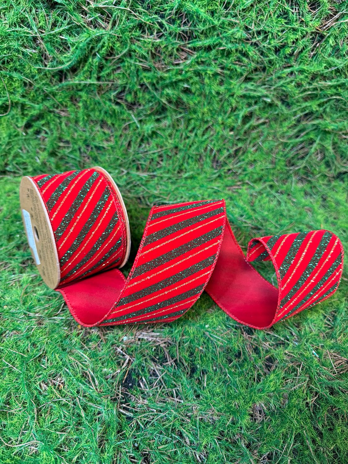 2 1/2" Wired Ribbon | Green Stripe on Red | 10 Yd