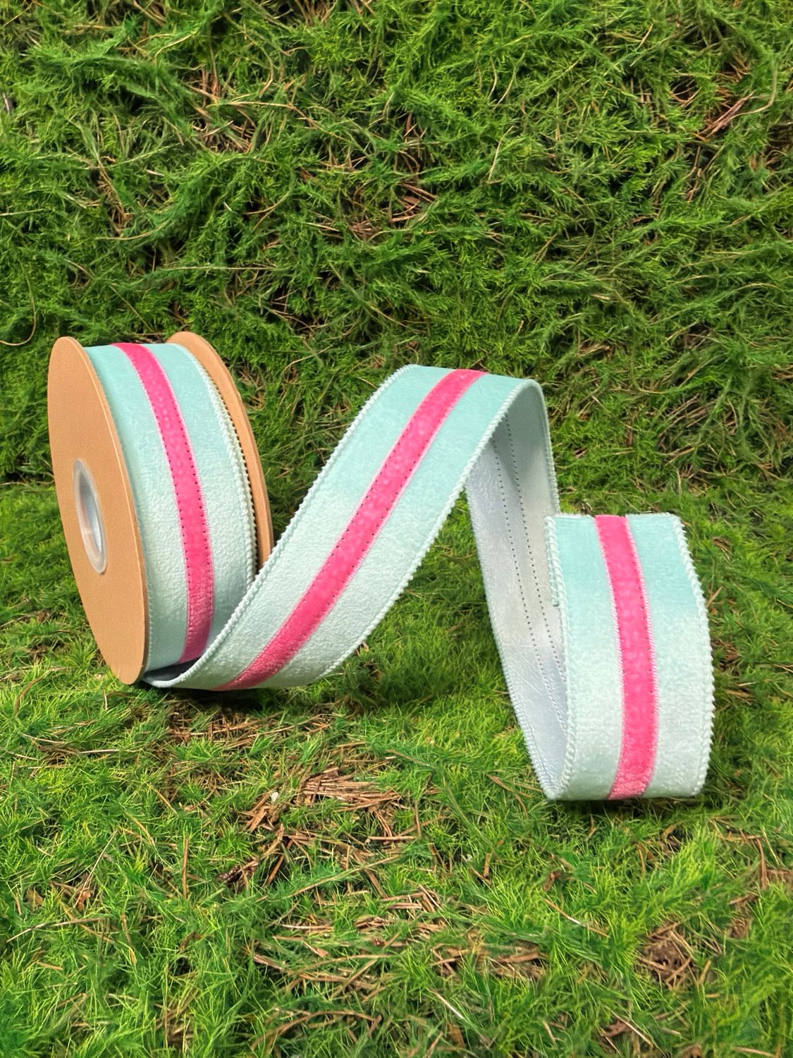 1 1/2" Wired Velvet Ribbon w/ Trim | Blue w/ Pink Trim | 10 Yard Roll