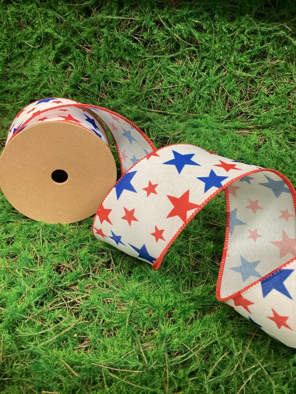 2 1/2 Wired Ribbon | White w/ Red/Blue Stars | 10 Yard Roll