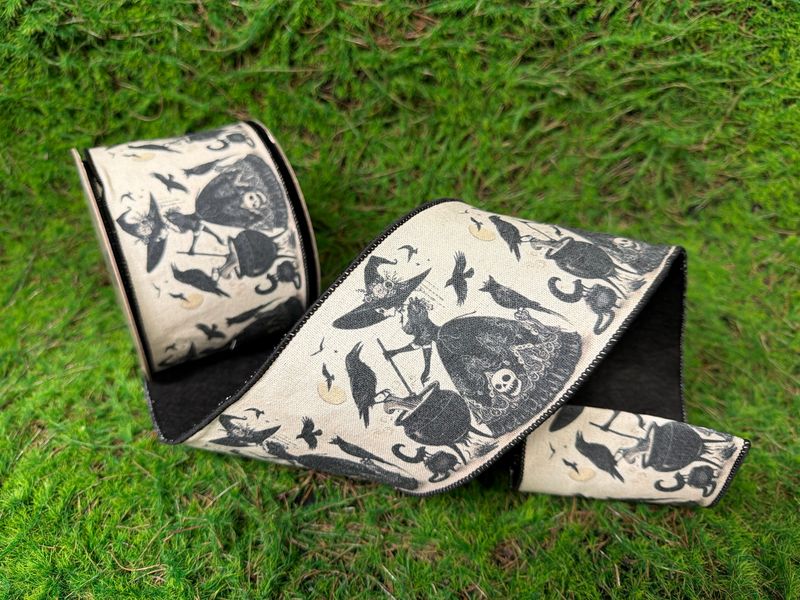 4” Ivory/Black Canvas Witches &amp; Cauldron 10yd