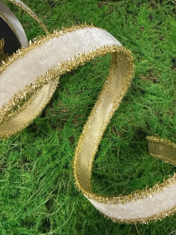 John Mark White Velvet with Tinsel Ribbon 1x10yd