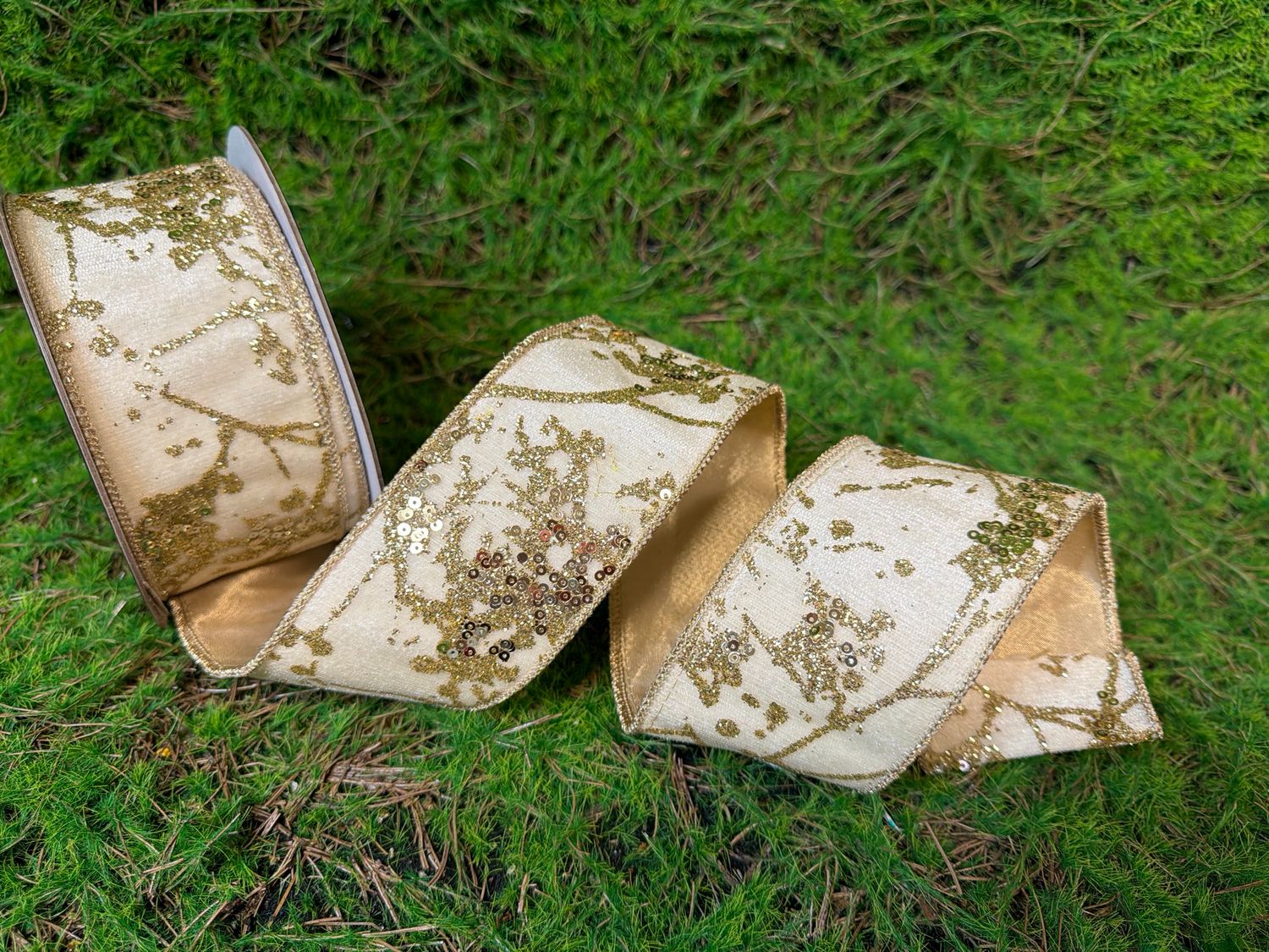 Ivory Gold Glitter Berry Branch Ribbon 2.5"x10yd