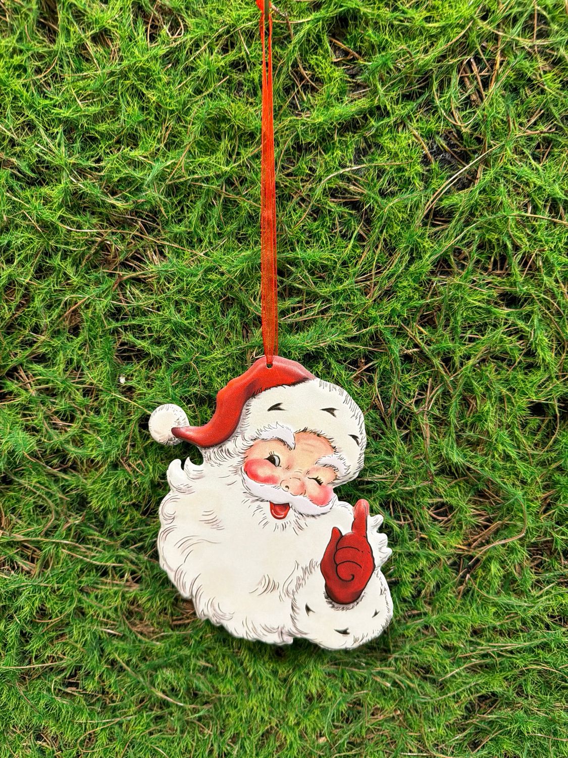 Winking Santa Metal Embossed Holiday Ornament 6"H