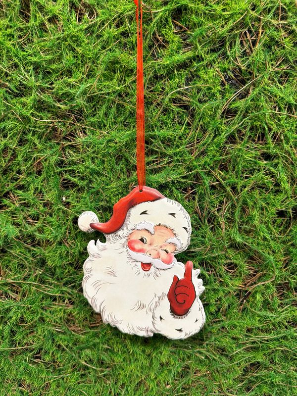Winking Santa Metal Embossed Holiday Ornament 6"H