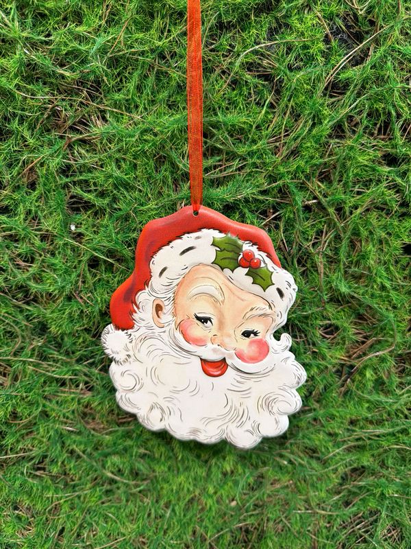 Holly Berry Santa Metal Embossed Holiday Ornament 6"H