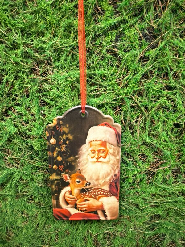 Santa with Fawn Metal Holiday Hanging Tag 8"H