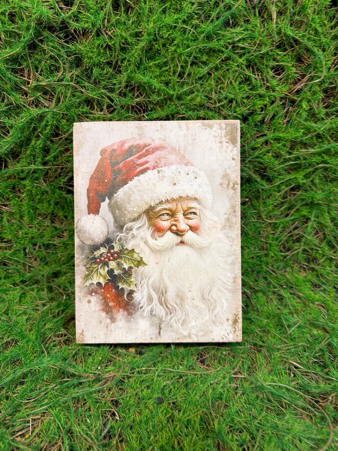 Holly Berry Santa Wood Holiday Block 6x8"H