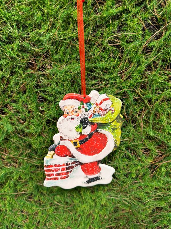 Chimney Santa Metal Embossed Holiday Ornament 6"H