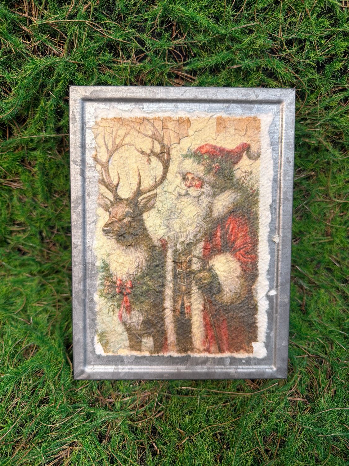 Metal Holiday Santa &amp; Deer with Red Bow Block 8"H