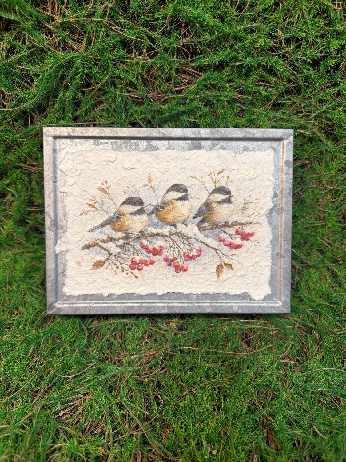 Metal Holiday Chickadees Design Block 8”H