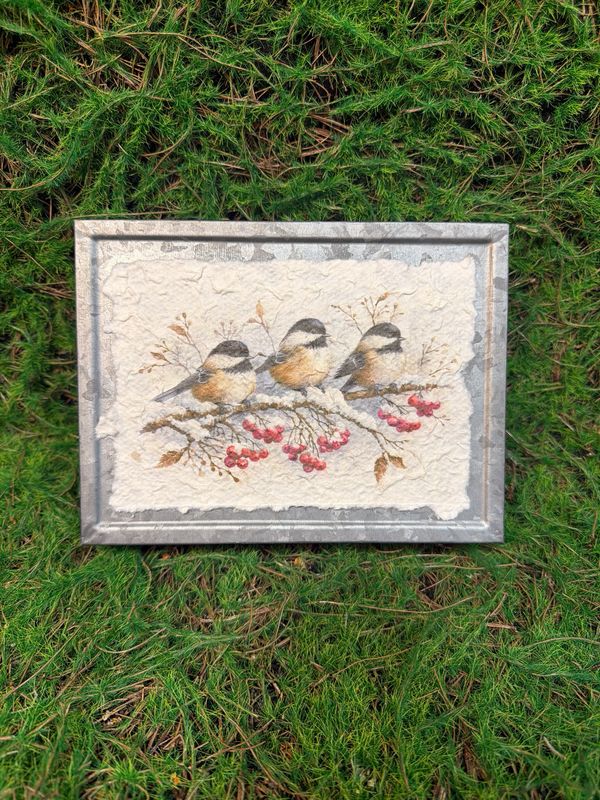 Metal Holiday Chickadees Design Block 8”H