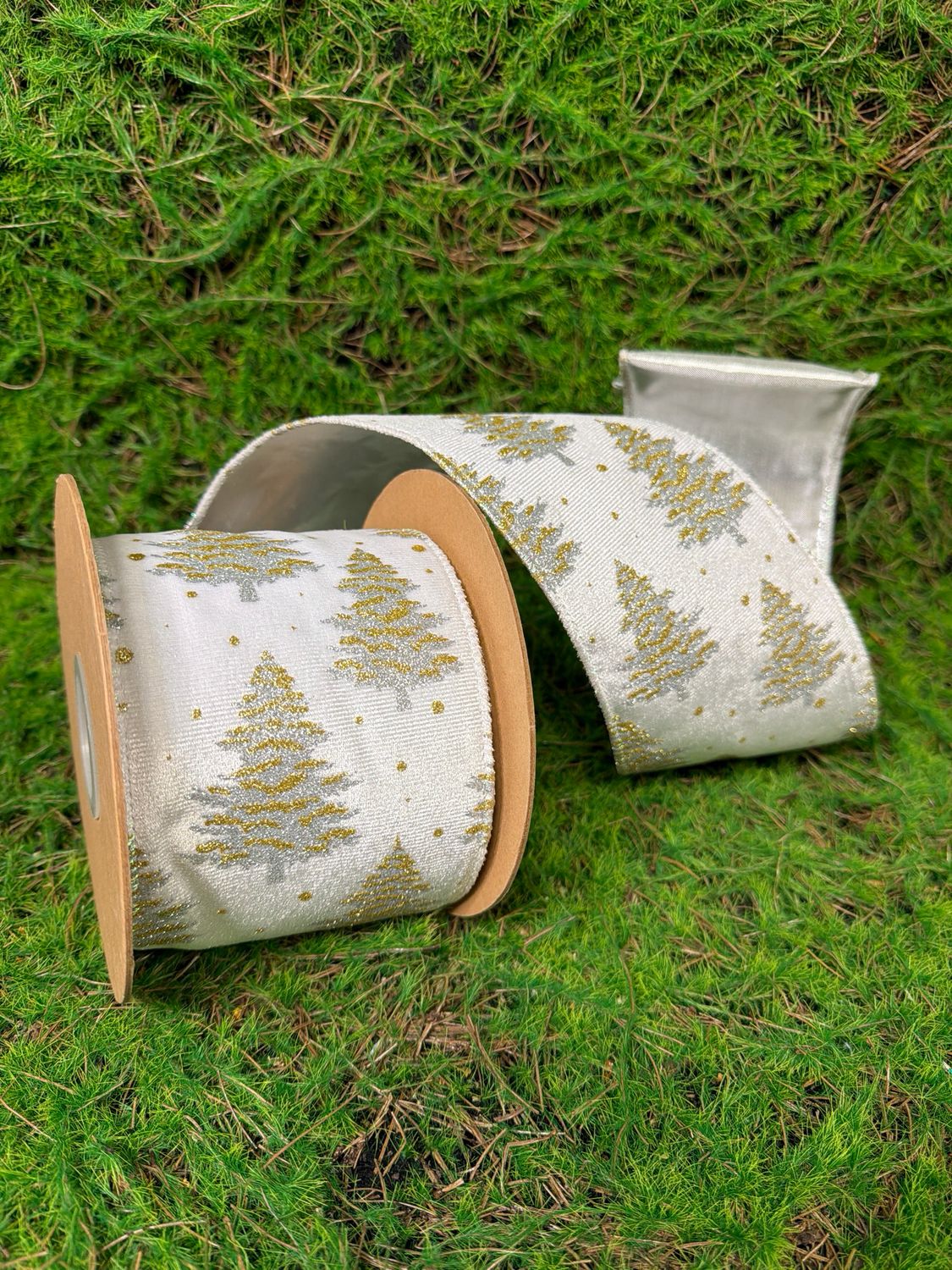 4” Wired Velvet Ribbon | Gold/Silver Trees on White w/ Silver Backing | 10 Yard Roll