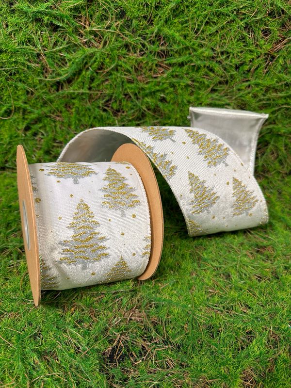4” Wired Velvet Ribbon | Gold/Silver Trees on White w/ Silver Backing | 10 Yard Roll
