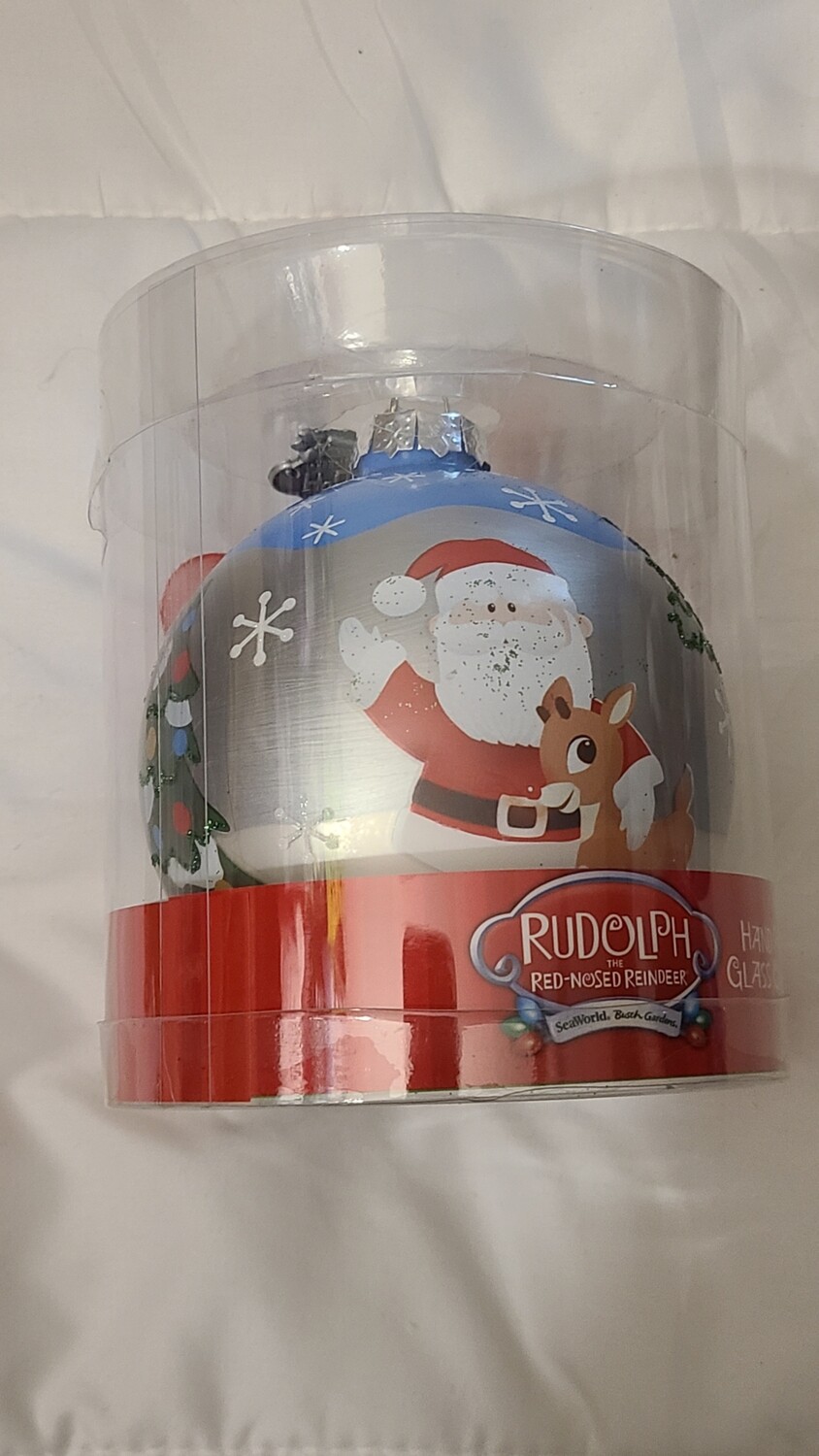 Rudolph the Rednose Reindeer hand painted glass ornament