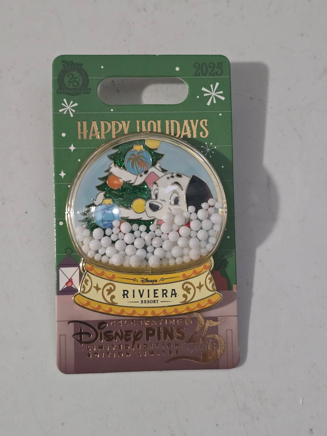 Riviera Resort Happy Holidays Snowglobe pin Dalmatian 